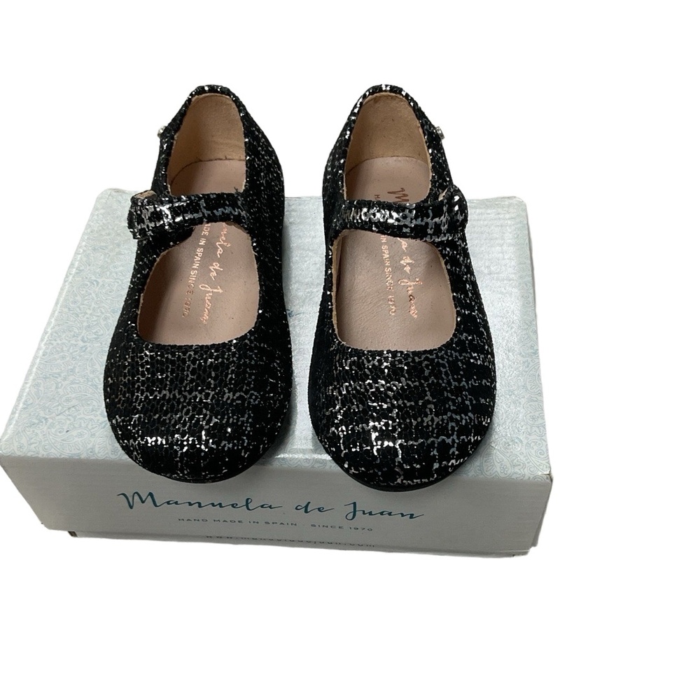NWT Manuela de Juan Mary Jane Flats Girls EU 21 Black Silver Sparkle Buckle Eleg